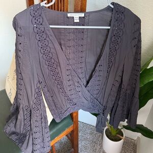 American Eagle Gray Floral Embroidered Hollowed Out Long Sleeve V Neck Blouse